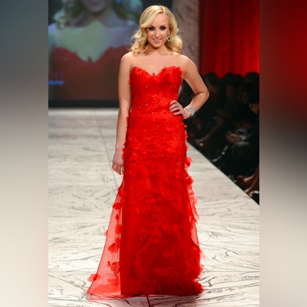 Reem Acra Embellished Silk Gown (red, strapless)